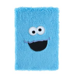 "Cookie Monster A5 plush notebook with fuzzy blue cover and embroidered face"